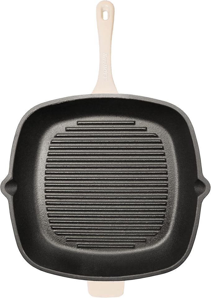 BergHOFF 3Pc Neo Enameled Cast Iron Cookware Set, 3qt. Dutch Oven, Matching Lid, Square Grill Pan 11 Inches, Oven Safe Up To 400°F, Meringue