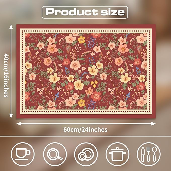 Vintage Floral Coffee Maker Mat, Non-slip Quick Dry Pad for Kitchen Countertop Pet Feeding Area (Vintage Parterre,Red)