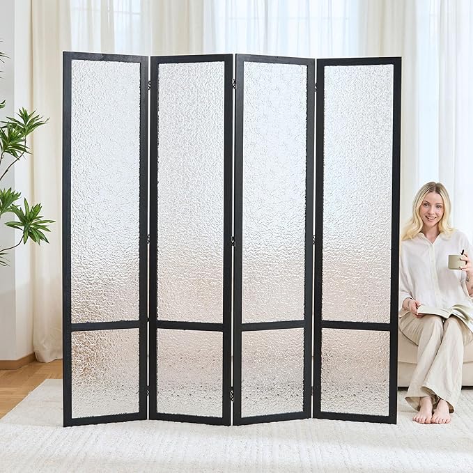Acrylic Room Divider,4-Panel Freestanding Partition Screen, Frosted Translucent Privacy Panel - Lightweight Modern Divider for Home Office Studio (Black, 4 Panels)