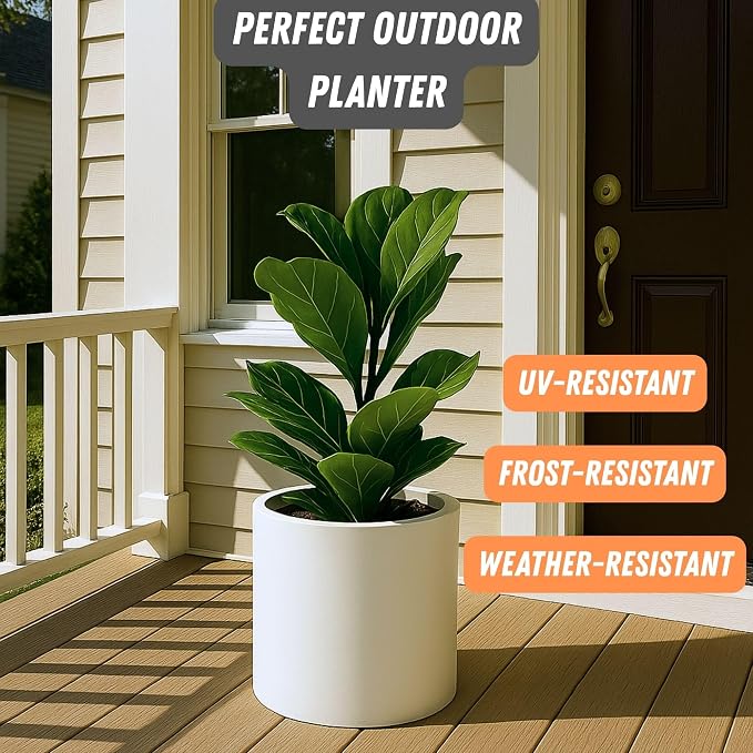 Fox & Fern Large Indoor Planter, Modern Large Plant Pot for Indoor or Outdoor, UV and Frost Resistant - 12 Inch, Matte White Flower Pot with Drainage Plug, Lightweight
