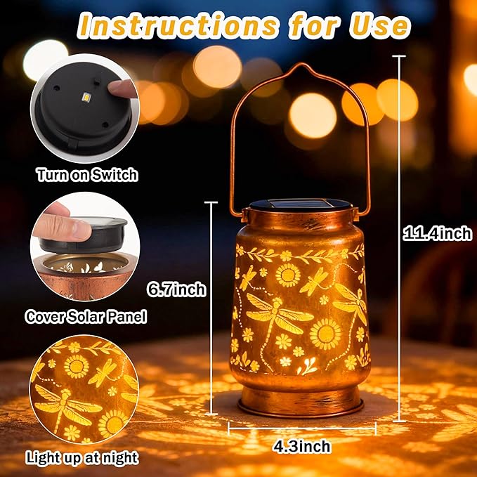 ANYTALK Dragonfly Solar Lantern Lights, Outdoor Lanterns for Garden Decor, Hanging Lantern for Backyard Porch Patio Table Yard Balcony Lawn Pathway, Gifts for Women Grandma Mom, 1PCS