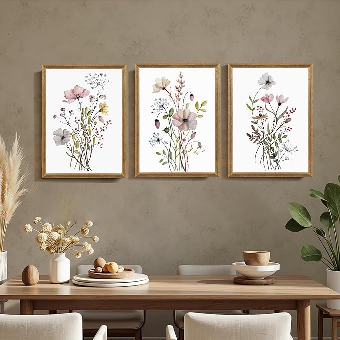 WRFON Framed Botanical Canvas Wall Art Set of 3, Watercolor Floral Prints, Framed Flower Wall Decor for Bedroom Bathroom Living Room, 16x24 Inch Each