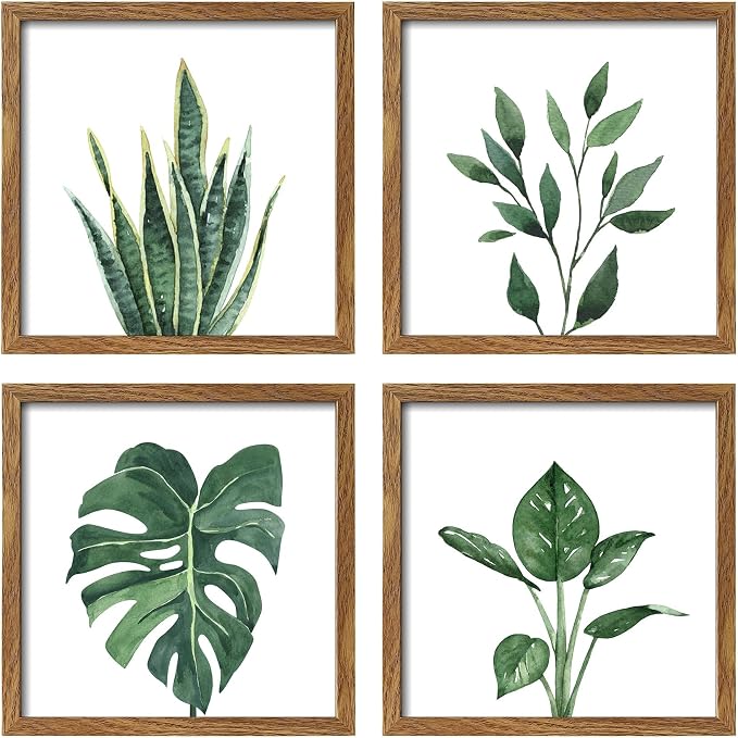ArtbyHannah Framed Bathroom Wall Art Decor, 8x8 Inch 4 Pack Botanical Gallery Wall Frame Set Modern Farmhouse Sage Green Prints Artwork for Spa, Restroom, Bedroom, Office Decoration (Walnut)