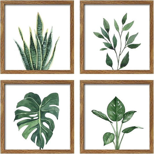 ArtbyHannah Framed Bathroom Wall Art Decor, 8x8 Inch 4 Pack Botanical Gallery Wall Frame Set Modern Farmhouse Sage Green Prints Artwork for Spa, Restroom, Bedroom, Office Decoration (Walnut)