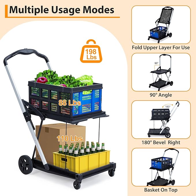 2-Tier Folding Shopping Cart with Wheels, Collapsible Grocery Cart with Removable Crate, Portable Shopping Trolley for Home, Groceries, Garden-Blue