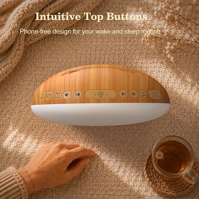 REACHER Wood Grain Sunrise Alarm Clock and Sound Machine Nightlight, Digital Dimmable Clock for Bedroom, 26 Sleep Sounds, White Noise Machine for Baby, Adults, Wake Up Light Alarm Clock for Kids