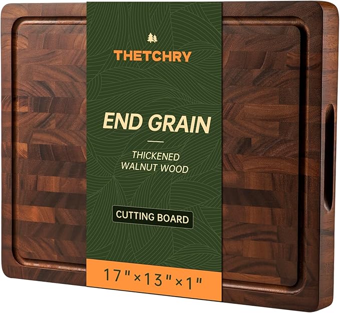 THETCHRY Walnut Cutting Boards for Kitchen, End Grain Wooden Cutting Board, Large Chopping Board Double Sided with Handle, Thick Butcher Block Charcuterie Meal Prep & Serving with Gift Box, 17"×13"×1"