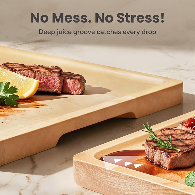SMIRLY Wood Cutting Boards for Kitchen Wooden Chopping Board Set Reversible with Deep Juice Grooves Grip Handles, Large Charcuterie Tray for Home Kitchen, Natural Birch, 3Pcs with Holder
