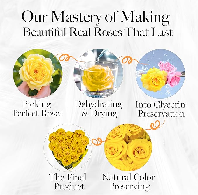 GLAMOUR BOUTIQUE 16 Flower Forever Heart Shape Box, Eternal Preserved Roses Gift for Her, Lasting Flowers, Romantic Floral Keepsake for Birthday, Anniversary or Valentine’s Day, Yellow (Color-Treated)
