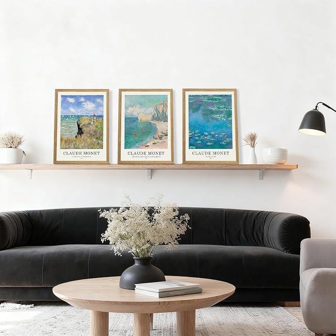 JLTULT 3 Piece Framed Vintage Claude Monet Canvas Wall Art, Impressionism Landscape Wall Decor, The Cliff Walk at Pourville Water Lilies Prints for Living Room Bedroom Office 12x16 in Easy to Hang