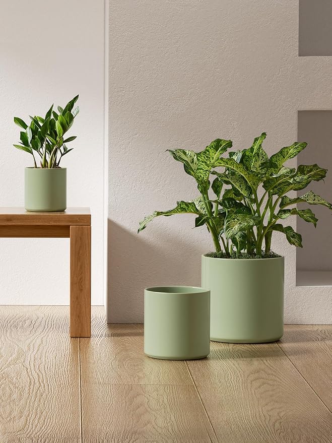 LE TAUCI 10+8+6 Inch Ceramic Pots for Plants, Indoor Planters with Drainage Hole and Plug, Modern Cylinder Flower Pots Set of 3 for Living Room and Kitchen, Glossy, Sage Green