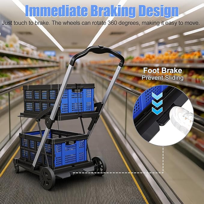 Collapsible Shopping Cart, Heavy Duty Grocery Cart, 2 Tier Foldable Shopping Trolley with 360° Wheels, Rolling Utility Cart with Retractable Bands, Portable Folding Cart for Groceries Laundry (Blue)