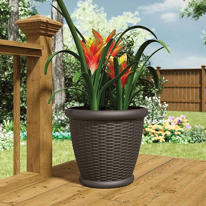 Suncast 2 Pack Wicker Planter w/Drillable Drain Holes, Decorative Indoor/Outdoor Pot, 18in, Java