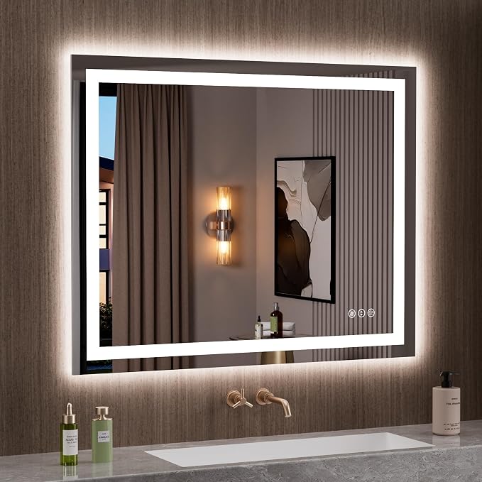 LOAAO 39.4"x31.5" LED Bathroom Mirror with Lights, Anti-Fog, Dimmable, Backlit + Front Lit, Lighted Bathroom Vanity Mirror for Wall, Memory Function, Tempered Glass, Safe to Use, ETL Listed