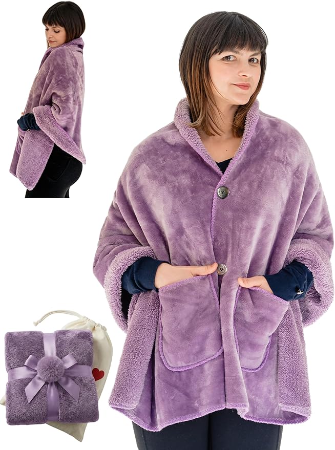 EzrAllora Premium Double Layer Wearable Blanket for Women - Drape and Go No Sleeves- Shawl Wrap with Pockets - Grandma Mom Gifts (Velvet Lavender)