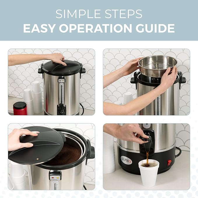 ALPHA LIVING 100 Cups Electric Coffee Urn – Stainless Steel Large Capacity Electric Kettle Percolator Coffee Pot – Ideal Hot Beverage Dispenser for Catering, Hotels, Restaurants –Leak-Proof Tap