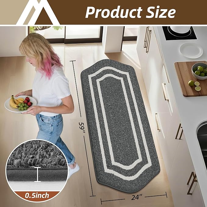 COSY HOMEER Long Kitchen Floor Mats for in Front of Sink Super Absorbent Kitchen Rugs and Mats 24"x59" Non-Skid Kitchen Mat Standing Mat Washable,Polypropylene,Dark Grey,Frame