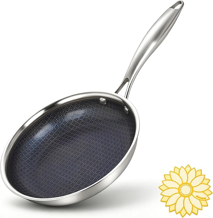 BRASA Nonstick Frying Pan 10.24-inch,Tri-Ply Stainless Steel Skillet,Honeycomb Ceramic Coating, Induction & All Cooktop Compatible,Dishwasher safe (PFOS, PFOA Free)(10.24 in+5.9 in trivet)