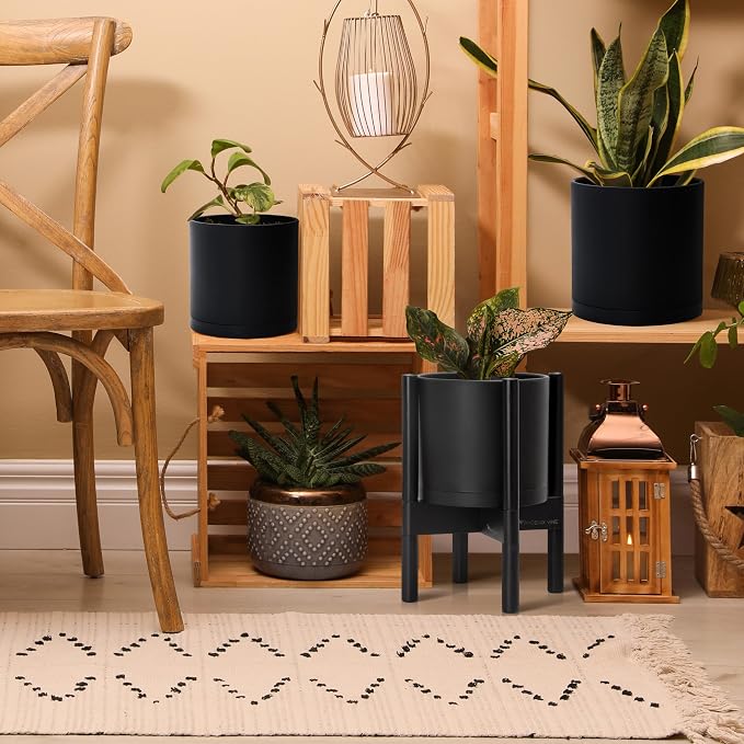 D'vine Dev Plastic Pot with Ebony Wood Stand, Black, 8 in, 55-C-K-2 | Mid-Century Inspired Design, Elevated Plant Display, Clean Lines, Sturdy Support, Modern Space-Saving Style