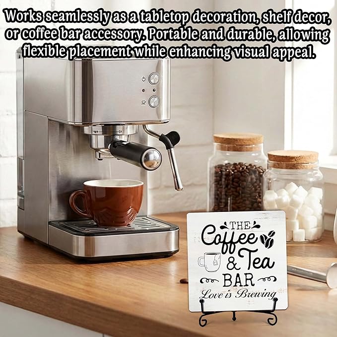 Coffee Bar Sign, Love is Brewing Farmhouse Tabletop Decor, Coffee and Tea Lover Gifts, 5x5 Wood Plaque with Iron Stand for Home Kitchen Cafe, Coffee Bar Decor – L07