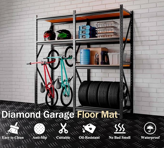 StellarStar 4x20 FT Garage Floor Mat, 2mm Thickened Ribbed PVC Diamond Plate Garage Mat with 20PCS Tapes, Rubber Flooring Rolls for Under Car, Rubber Motorcycle Mat for Golf Cart, Trailer, Black