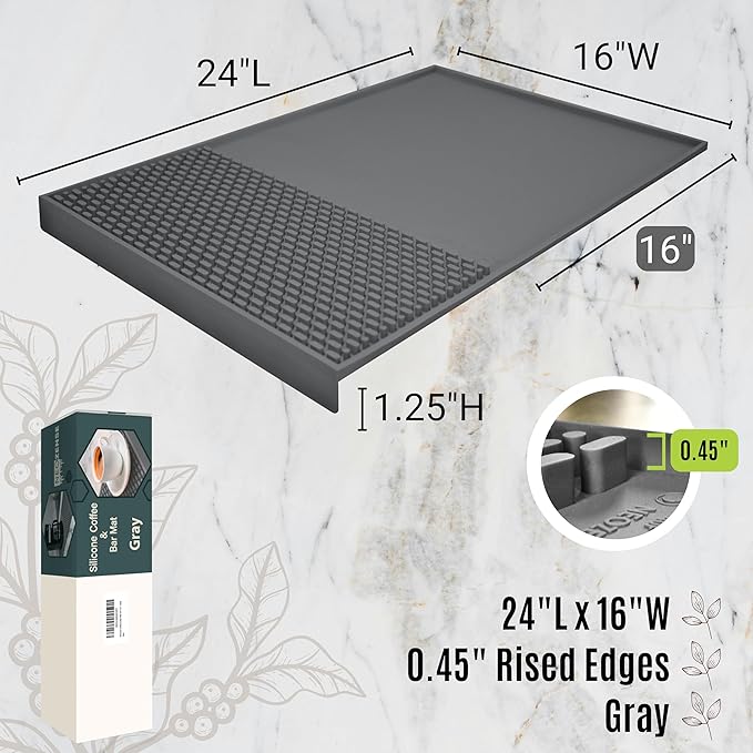 Bar & Coffee Mat For Countertop With "Edge Protection" – Espresso Tamping Mat – Bar Mats for Countertop & Silicone Heat Resistant Mat – Non-Slip & BPA-Free Food Grade – 16"(Front) x 24"(Length), Gray