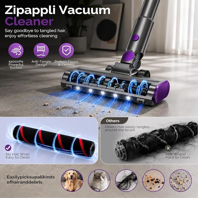 Cordless Vacuum Cleaner for Home, 55kPa 70-Min Runtime Cordless Stick Vacuum with LED Display, 8-in-1 Self-Standing Lightweight Design, Anti-Tangle for Pet Hair, Hard Floors and Carpet