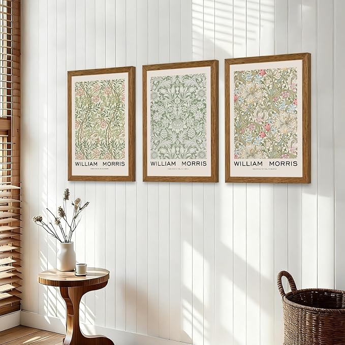 JLTULT 3 Piece Wood Frames Vintage Floral Canvas Wall Art, William Morris Flower Pattern Wall Decor, Nature Botanical Picture Artwork Prints for Living Room Bedroom Office 12x16 inch Easy to Hang