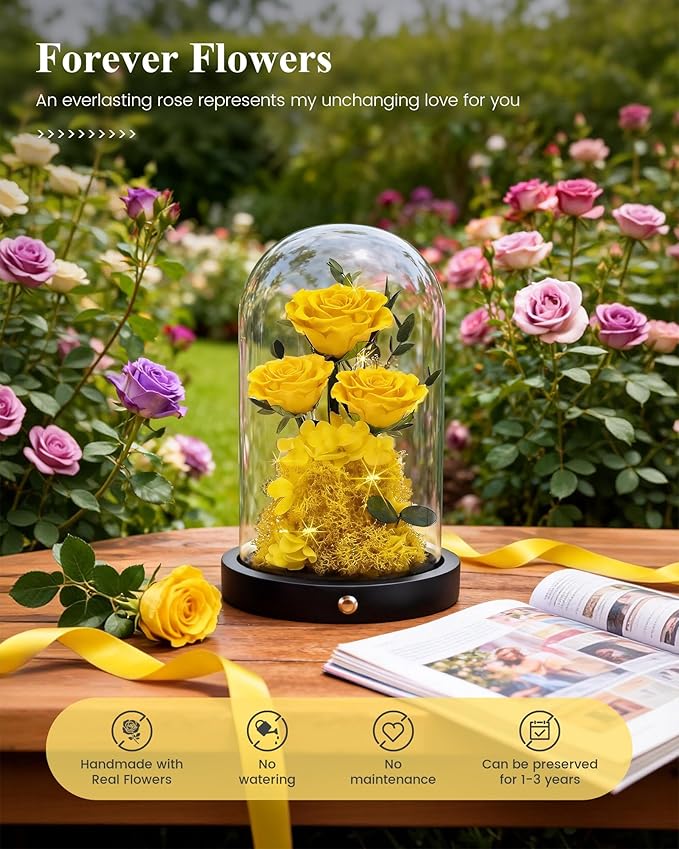 Agrul Mothers Day Flowers Roses Gifts for Mom,Forever Preserved Flower Rose in Glass Dome Fresh Flowers for Delivery Mothers Day Roses Gifts for Wife Women Mom Grandma from Daughter/Yellow Rose
