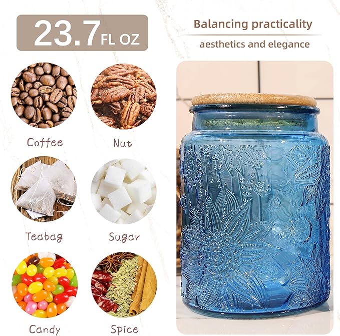 Custde Blue Vintage Glass Candy Jar with Airtight Bamboo Lid, 23.7oz Kitchen Storage Canister for Sugar, Coffee, Tea, Cookies, Bath Salt - Decorative Mason Jar for Pantry & Counter(Blue, 23.7 fl oz)