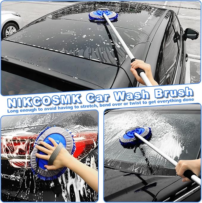 NIKCOSMK 62'' Car Wash Brush Kit - Mitt, Mop, Sponge & Long Handle, Scratch-Free Chenille Replacement Head, Wheel Tire Brush, Car Detailing Kit for Cars, RV, Truck