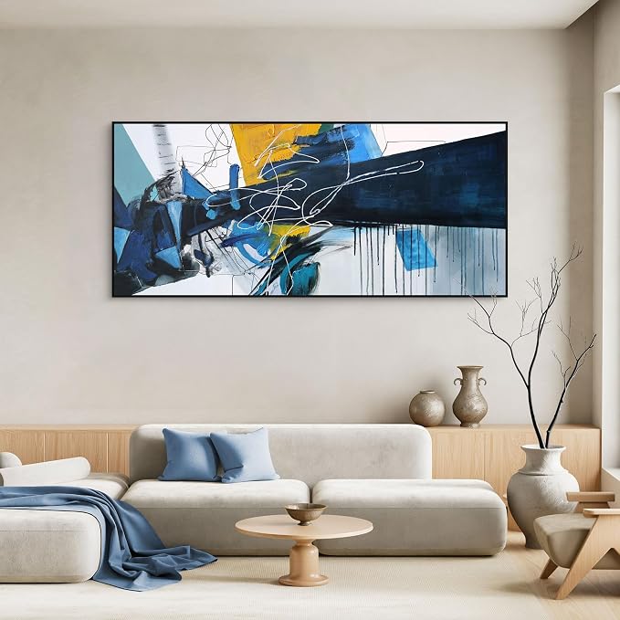 KLAKLA Wall Art for Living Room - Blue Abstract Canvas Pictures Framed Artwork for walls Extra Large Prints for Bedroom Above the Bed Decor 8x39 Inches