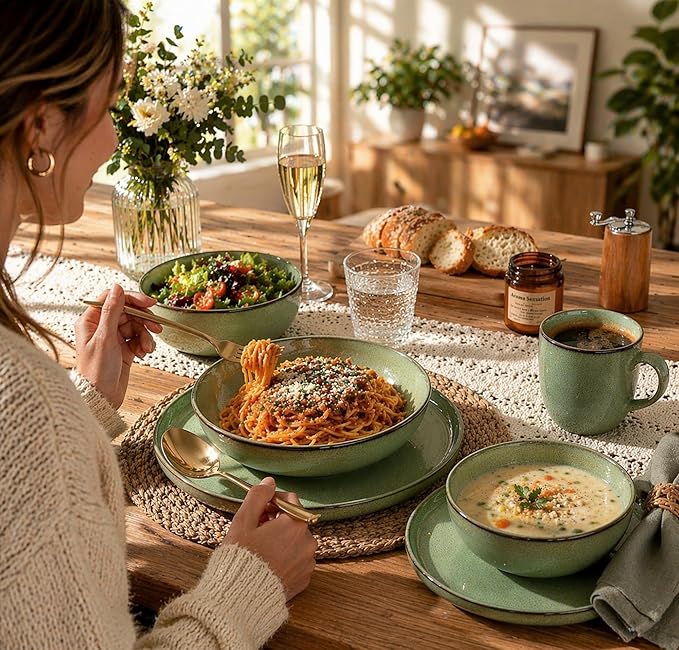 GBHOME Ceramic Dinnerware Sets for 8, 24 Pieces Stoneware Plates and Bowls Sets, Scratch Resistant Dishes, Dishwasher & Microwave Safe-Pastel Green