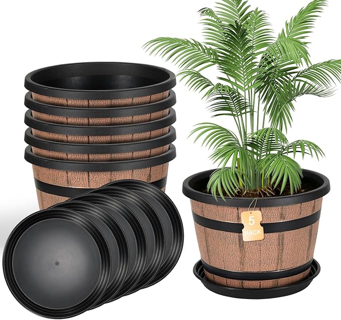 14 Inch Whiskey Barrel Planters with Drainage Holes & Saucer, 5 Pack Plastic Plant Pots with Wine Barrel Design, Flower Pots for Indoor Outdoor Balcony