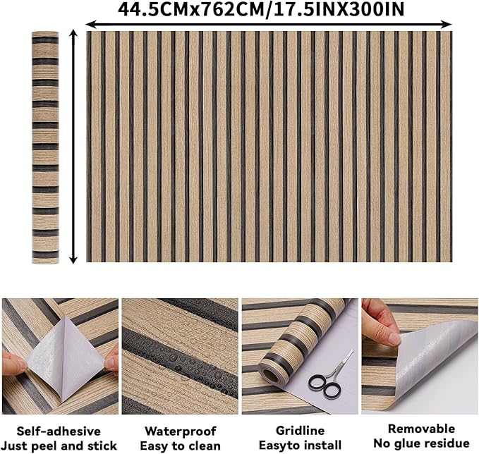 Brown Wood Slat Peel and Stick Wallpaper - 17.5"x300" Textured Faux Wood Self-Adhesive, Waterproof Removable Wall Panel for Bedroom, Kitchen, Accent Wall - Easy Install