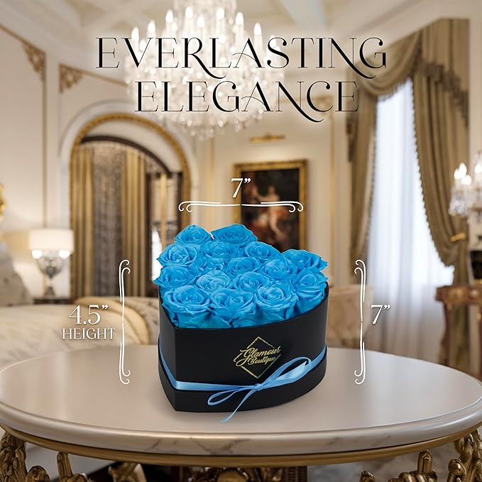 GLAMOUR BOUTIQUE 16 Flower Forever Heart Shape Box, for Mom, Eternal Preserved Roses Gift for Her, Him, Lasting Flowers Bouquet, for Birthday, Anniversary, Teal (Color-Treated)