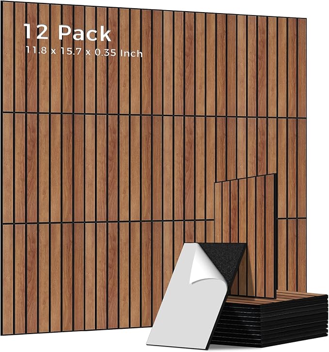12 Pack PVC Wood Grain Acoustic Panels, 11.8 x 15.7 x 0.35 Inch Sound Absorbing Wall Panels, 100% Polyester Fiber Self-Adhesive Soundproofing Panels for Home, Office, Studio, Theater,Cherry