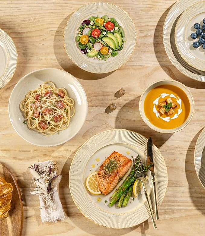 TheTerra Stoneware Dinnerware Sets for 6, 18 Pieces Ceramic Plates and Bowls Sets, Scratch Resistant Embossed Dish Set, Oven, Microwave & Dishwasher Safe, Oatmeal