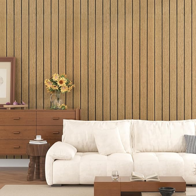 Wallercity Brown Wood Slat Wall Panels Peel and Stick 3D Slat Panel for Wall Decor Faux Self-Adhesive Soundproof Wooden Wallpaper for Livning Room Bedroom Waterproof Plank for Bathroom 11.7''x118''