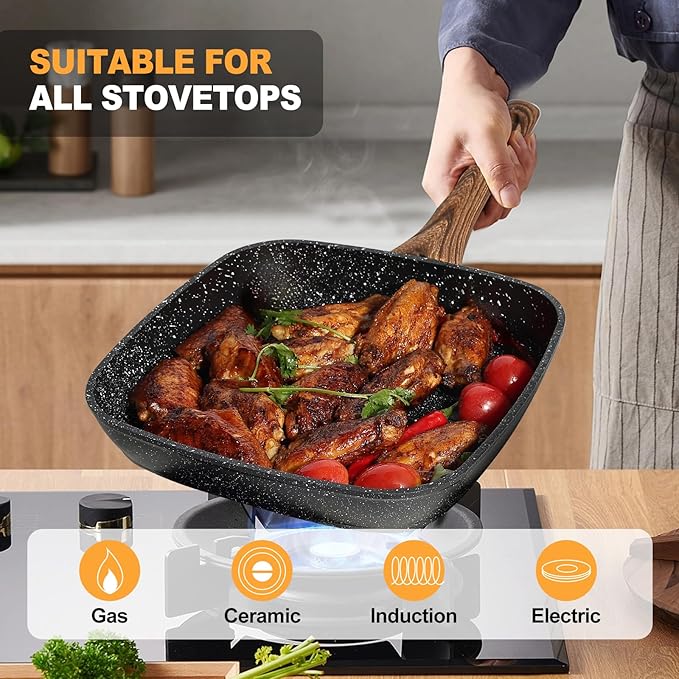 NEWBULIG 3-Piece Nonstick Grill Pan Set, Square Griddle Pans with Wooden Handles, Induction Cooktop Compatible, Nonstick Cookware for Steak, BBQ, Vegetables, Black (9.5", 10.2", 11")