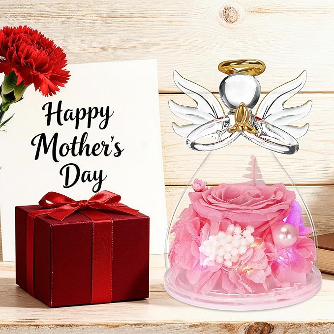 Mothers Day Mom Gifts for Mom,Fresh Flowers for Delivery,Birthday Gifts for Women Her,Preserved Flowers in Angel Figurines,Angel Gifts for Moms Mothers Day Grandma Wife Sister,Light Up Pink Gift