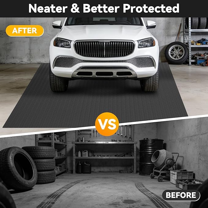 Grandroad auto 8x25 FT Garage Floor Mat, 2.8mm Thickened Flooring Roll for Under Car Diamond Plate PVC Rubber Mat with 20 Pcs Tapes, Non-Slip Floor Mat for Garage, Warehouse, Gyms, Trailer, Black