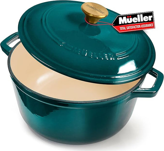 MUELLER HOME 4.5 QT Enameled Cast Iron Dutch Oven, Heavy-Duty Casserole Dish and Braiser Pan with Lid, Oven-Safe up to 500° F & Across All Cooktops, Housewarming Gifts New Home, Emerald | Casserole Dish and Braiser Pan with Lid, Oven-Safe up to 500° F,...