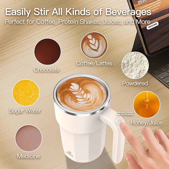 Self Stirring Coffee Mug, 12oz Rechargeable Magnetic Mixing Cup, 316 Stainless Steel Electric Stirring Cup with Lid & Handle for Coffee, Cocoa, Matcha, Creamer, Mushroom Coffee, Cream