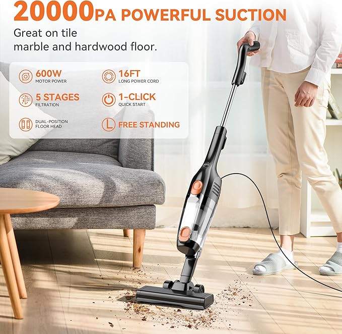 Vazone R6X Corded Stick Vacuum Cleaners for Home, 20Kpa Powerful Suction Stick Vacuum with 16Ft Cord, 2 in 1 Lightweight Handheld Vacuum Cleaner for Hardwood Floor Pet Hair