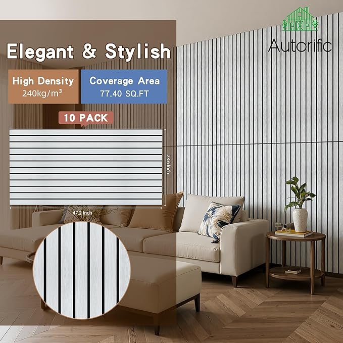 Wood Veneer Sound Panels, 10 Pack 47.2”x23.6” Wall Panels, Decorative Acoustic Panels for Walls, for Office,Home Theater,Studio,Living Room, White Oak(Mitred)