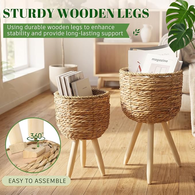 2 Pack Seagrass Plant Stand Set with Solid Wood Legs – Handwoven Boho Indoor Planter Basket Combo, Small & Large Decorative Flower Pot Holder for Living Room, Bedroom & Patio