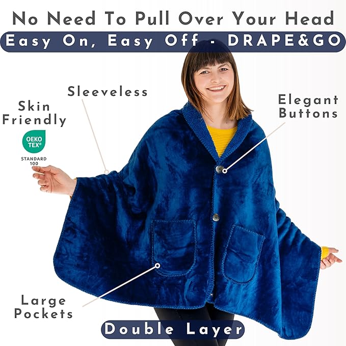 EzrAllora Premium Double Layer Poncho Blanket for Women -Drape and Go No Sleeves- Sherpa Fleece Shawl with Pockets - Wearable Blanket - Gifts for Mom and Grandma (Blue)