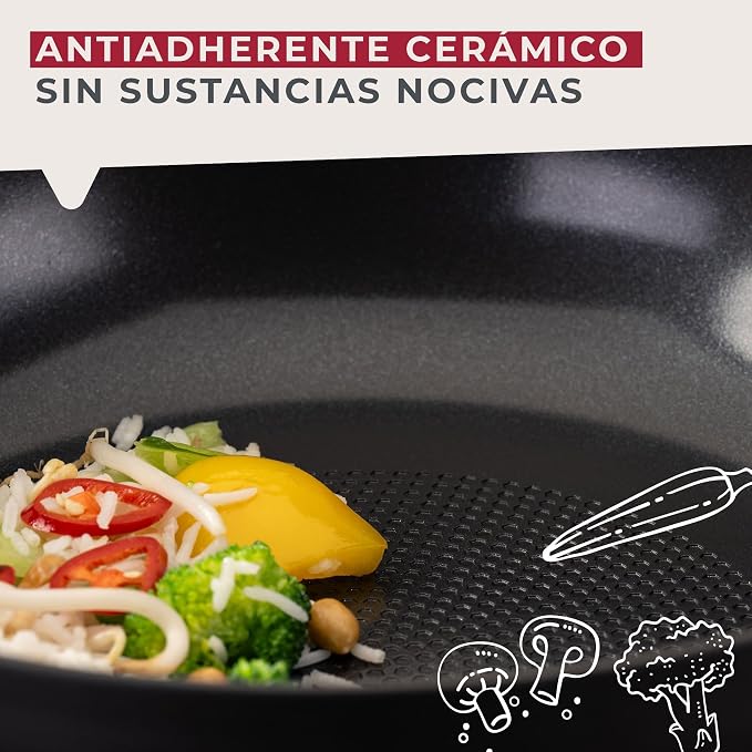 Fackelmann Statement ⌀28cm Wok Frying Pan, Recycled Aluminium, Non-Stick | PFAS Free Ceramic Coating, Honeycomb Base Structure, Comfort Grip Handle, All Stoves Including Induction, 47x28x8cm, Ash Grey