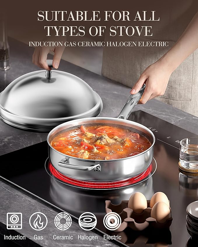 FogDream Titanium Non Stick Frying Pan, 10in Tri-Ply Stainless Steel Deep Saute Pan, All-in-One Cookware Set with Stainless Lid, Stay Cool Handle, Dishwasher & Oven-Safe,Induction Compatible,Silver